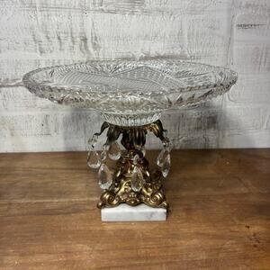 Vintage Hollywood Ornate Brass Pedestal Bowl On Marble Base